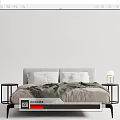 Modern Double Bed With Upholstered Headboard White Pillows Gray Blanket Bedside Nightstands And Table Lamp