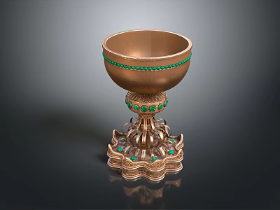 Ornate Golden Cup With Green Gemstone Embellishments And Intricate Pedestal Base 3d model