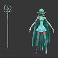 Fantasy Elven Female Character with Green Hair Elf Ears Blue Dress and Blue Accent Staff