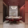 Modern Restaurant Interior With Curved Red Wall Long Dining Table Red Chairs And Wine Rack