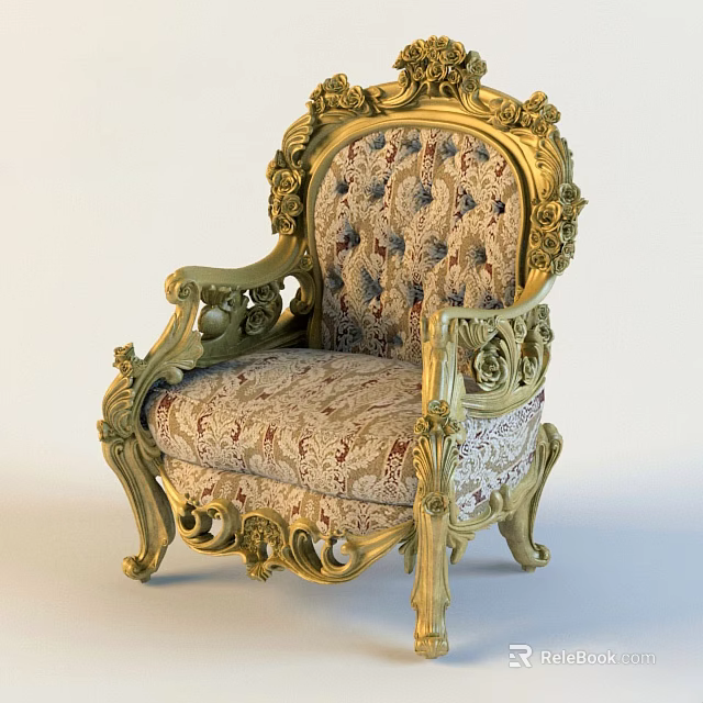 Ornate Classical Armchair with Intricate Golden Carved Frame and Luxurious Patterned Velvet Upholstery 3d model 