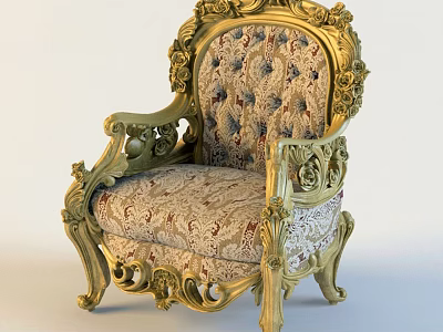 Ornate Classical Armchair with Intricate Golden Carved Frame and Luxurious Patterned Velvet Upholstery 3d model