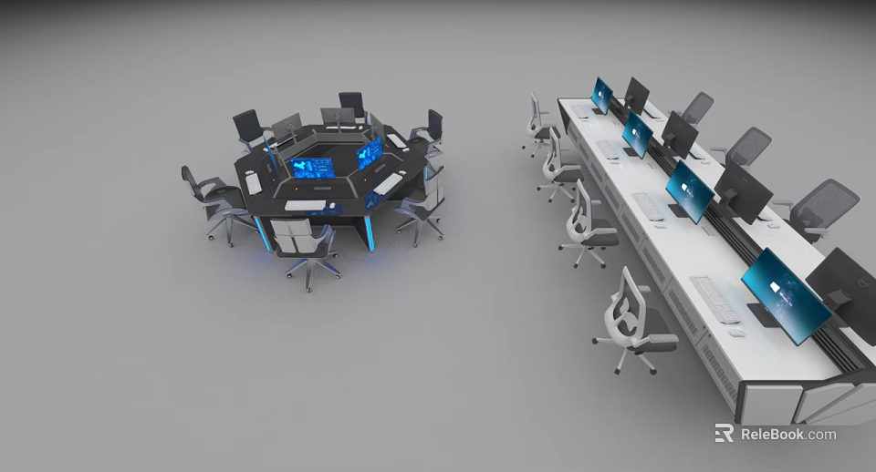 Circular And Long Office Desks With Multiple Monitors And Ergonomic Chairs In Modern Workspace 3d model 