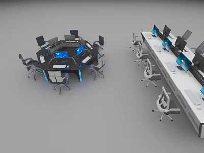 Circular And Long Office Desks With Multiple Monitors And Ergonomic Chairs In Modern Workspace 3d model