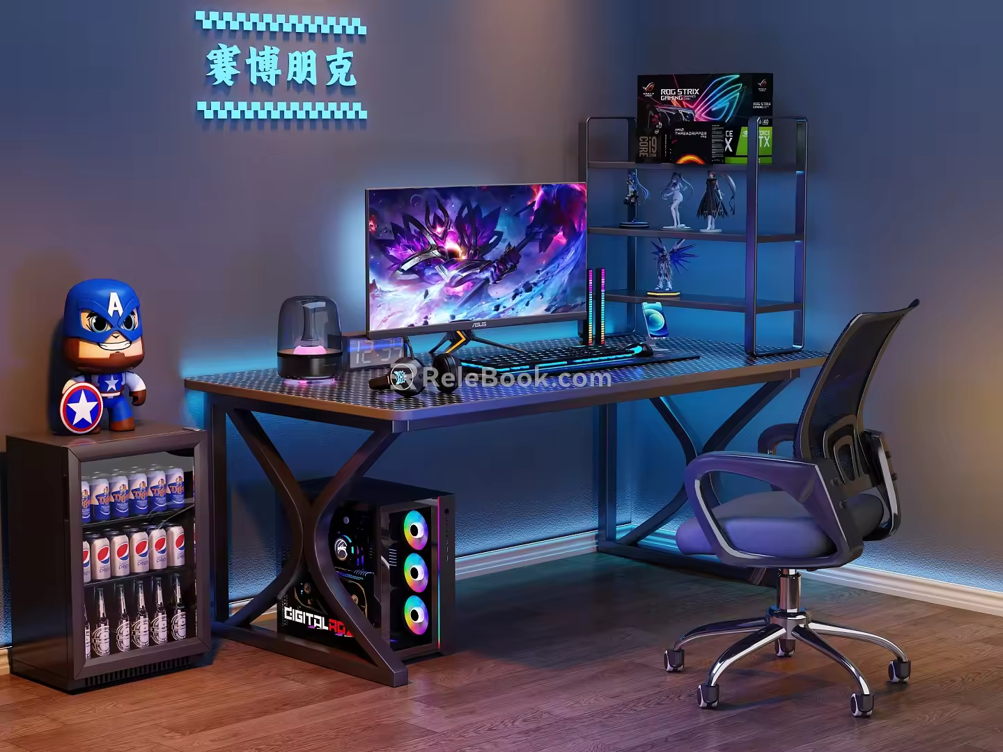 Modern E-sports Table and Chair E-sports Room Computer Table and Chair Cyberpunk Computer Ornaments Combination Bookshelf Computer Host Monitor Speaker Small Refrigerator Hand-held 3d model