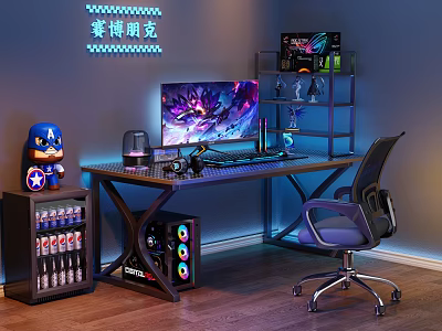 Cyberpunk Gaming Desk With RGB Lighting Monitor Gaming Chair Figurines And Wooden Floor 3d model