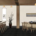 Traditional Private Room Interior With Wooden Structure Dining Table Chairs And Scroll Painting