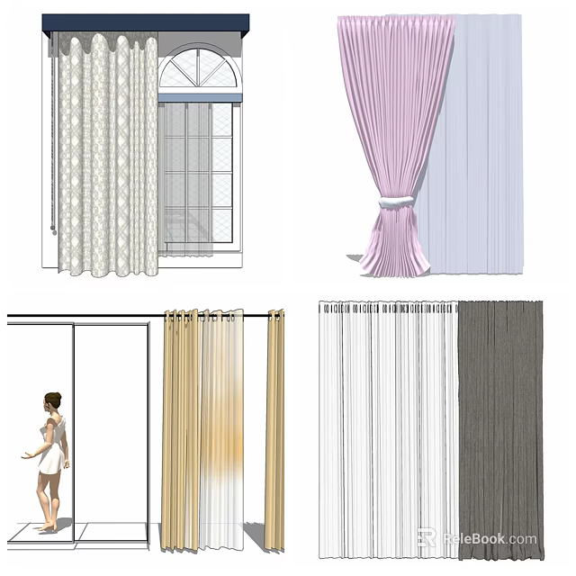 Various Curtain Styles For Window Interior With Sheer Patterned And Colored Fabrics 3d model 