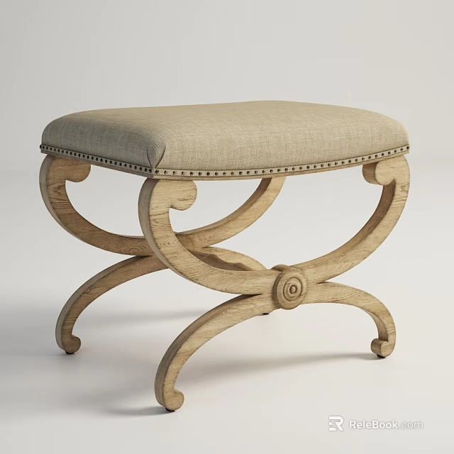 Classic Style Ottoman With Wooden Carved Frame And Linen Upholstered Seat 3d model 