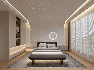Modern Bedroom Interior With Starry Ceiling Circular Light Large Bed And Floor To Ceiling Windows 3d model