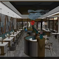 Modern Chinese Restaurant Interior With Curved Golden Counter Green Seats And Chandeliers