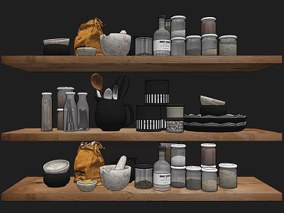 Organized Kitchenware Display On Wooden Shelves With Jars Bottles And Utensils 3d model