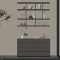 Modern Wine Cabinet with Shelves Holding Wine Bottles Glasses and Decorative Items