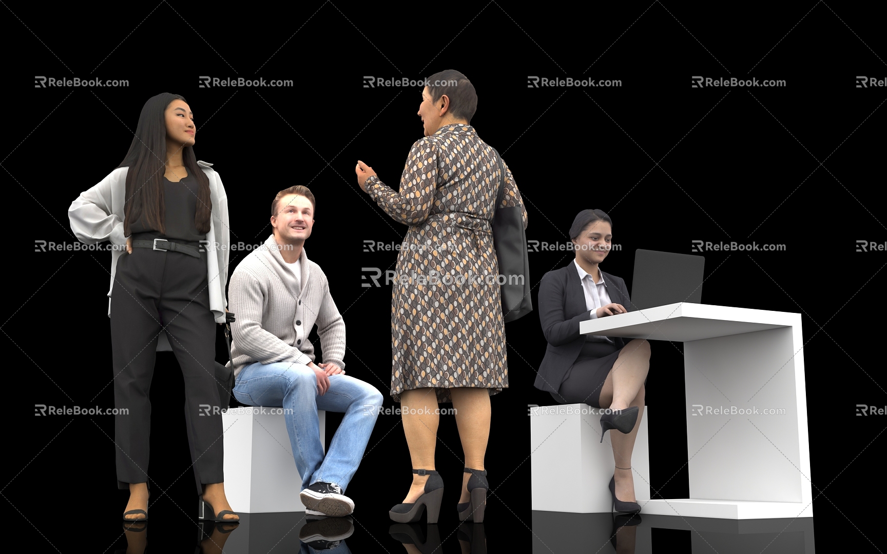 Character multi-person dialogue chat woman office computer sitting posture standing model aunt female man male scene atmosphere decoration 3d model