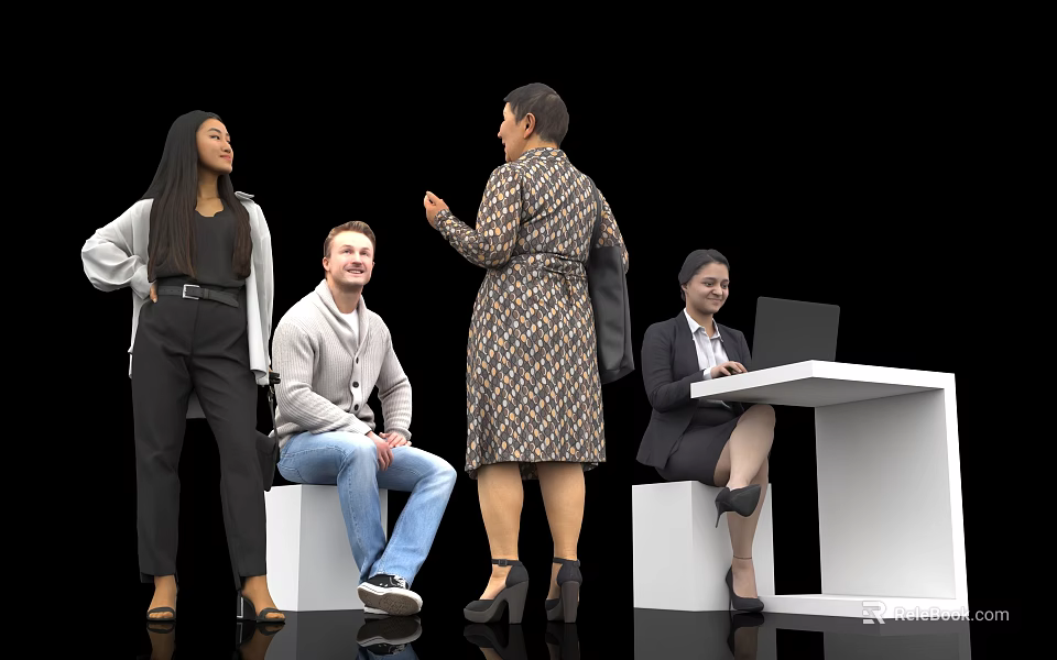 Group of People with Different Postures Casual Formal Attire Using Laptop on White Cube Seats 3d model 