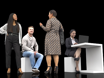 Character multi-person dialogue chat woman office computer sitting posture standing model aunt female man male scene atmosphere decoration 3d model