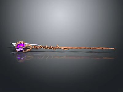 Fantasy Magical Staff Featuring Wooden Body Glowing Purple Gem And Decorative Vine Design 3d model