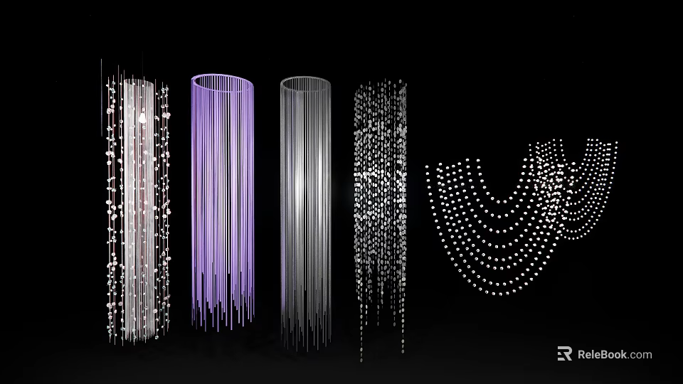 Creative Art Installation With Purple Hanging Beaded Strands Silver Cylindrical Structures And Illuminated Light Effects 3d model 