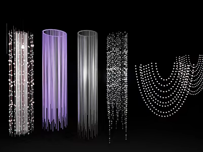 Creative Art Installation With Purple Hanging Beaded Strands Silver Cylindrical Structures And Illuminated Light Effects 3d model