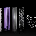 Creative Art Installation With Purple Hanging Beaded Strands Silver Cylindrical Structures And Illuminated Light Effects