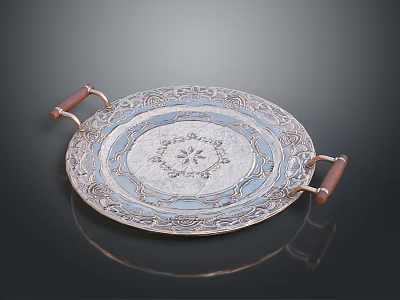 Decorative Round Tray With Wooden Handles And Intricate Floral Patterns 3d model