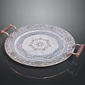 Decorative Round Tray With Wooden Handles And Intricate Floral Patterns