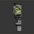 Carved Decorative Vase With Intricate Face Designs And Green Accents On Pedestal Base