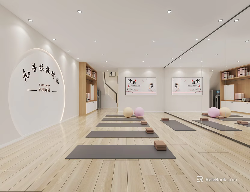 Bright Yoga Studio Interior With Mats Blocks And Exercise Balls 3d model