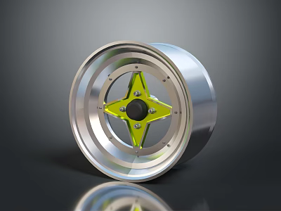Automotive Car Wheel Part With Silver Outer Rim And Yellow Star Shaped Center 3d model