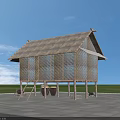Traditional Thatch Roof Pergola With Clay Pots On Stone Slab Ground Against Blue Sky