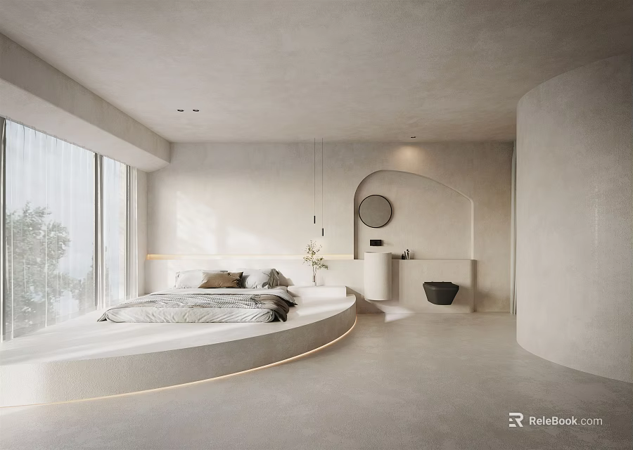 Modern Minimalist Hotel Guest Room With Curved Bed Platform And Large Windows 3d model 