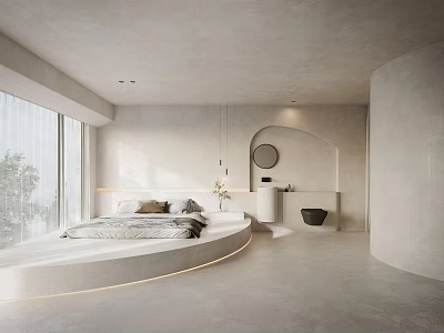 Modern Minimalist Hotel Guest Room With Curved Bed Platform And Large Windows 3d model