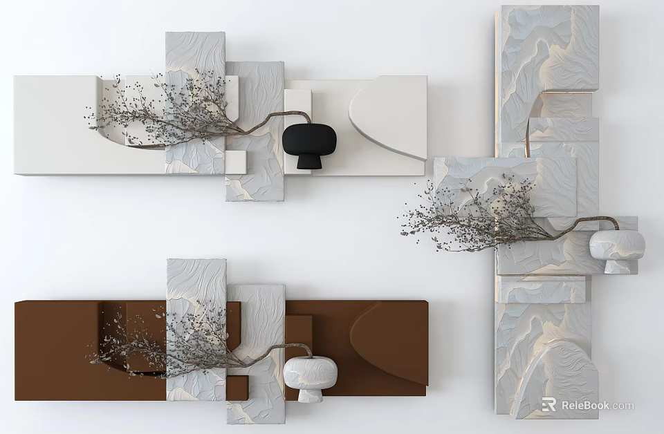Modern Geometric Wall Decor With White Brown Panels And Branch Ornaments 3d model 