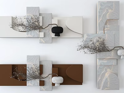 Modern Geometric Wall Decor With White Brown Panels And Branch Ornaments 3d model