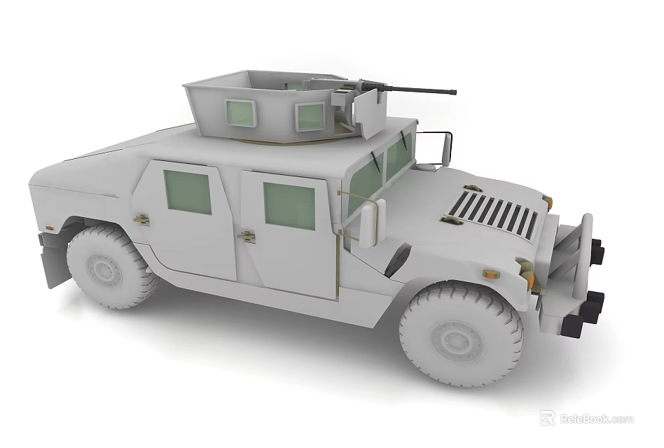 White Utility Vehicle with Roof Turret Machine Gun Off-Road Heavy-Duty Doors Windows 3d model 