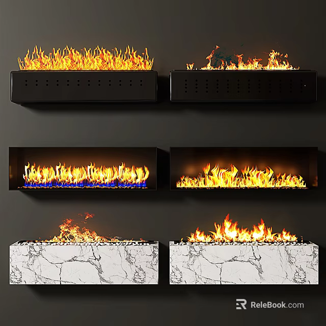 Various Modern Fireplace Designs With Burning Flames And Marble Base Styles 3d model