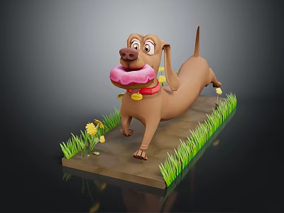 Brown Dachshund Holding Pink Donut With Red Collar On Path Green Grass And Yellow Flowers 3d model