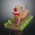 Brown Dachshund Holding Pink Donut With Red Collar On Path Green Grass And Yellow Flowers