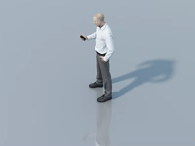 A Man Wearing White Shirt Gray Pants Holding Phone On Light Floor With Shadow 3d model