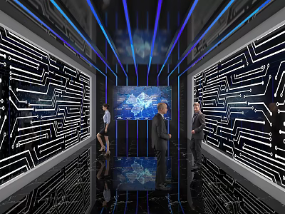 Modern Office Corridor With Circuit Board Patterned Walls Blue Purple Lighting Large Screen And People 3d model