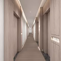 Hotel Corridor With Modern Wooden Elevator Doors And Elegant Wall Lighting 3d model
