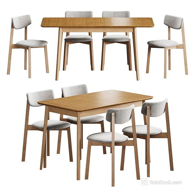 Minimalist Light Wood Dining Table Set With Four Gray Upholstered Chairs 3d model 