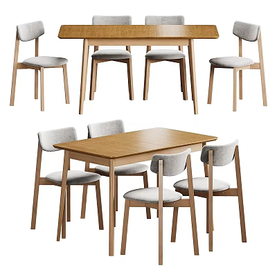 Minimalist Light Wood Dining Table Set With Four Gray Upholstered Chairs 3d model