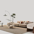 Modern Beige Sofa and White Round Coffee Table Set with Multiple Pillows and Floor Lamp 3d model