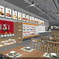 Restaurant Interior With Wooden Tables Chairs Pendant Lights And Wall Posters