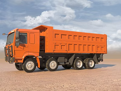 Orange Large Dump Truck Driving On Sandy Ground Under Blue Sky White Clouds 3d model
