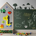 Wooden Building Block Board with Colorful Giraffe Strawberry Shapes and Hand Drawn Blackboard Happy Lettering
