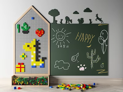 Wooden Building Block Board with Colorful Giraffe Strawberry Shapes and Hand Drawn Blackboard Happy Lettering 3d model