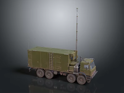 Green Military Communication Truck With Long Antenna Enclosed Cargo And Ladder 3d model