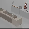 Modern Reception Desk With Wooden Beige And White Countertops Computer Monitors Potted Plants And Receptionist